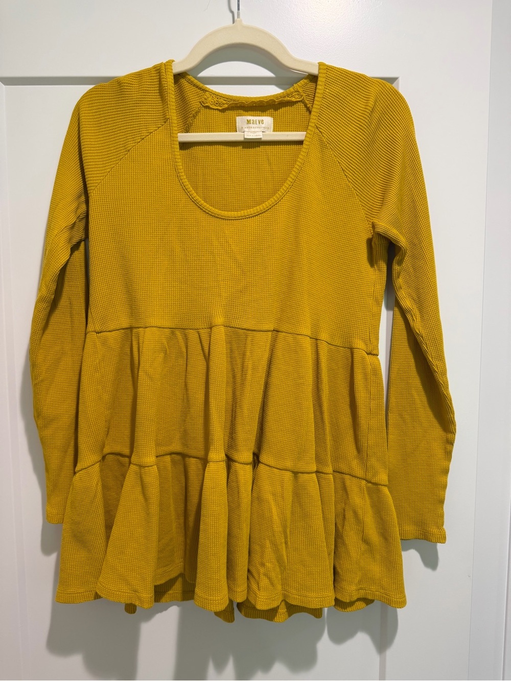 Anthropologie Maeve Mustard Waffle-Knit Peplum Tunic Size Medium